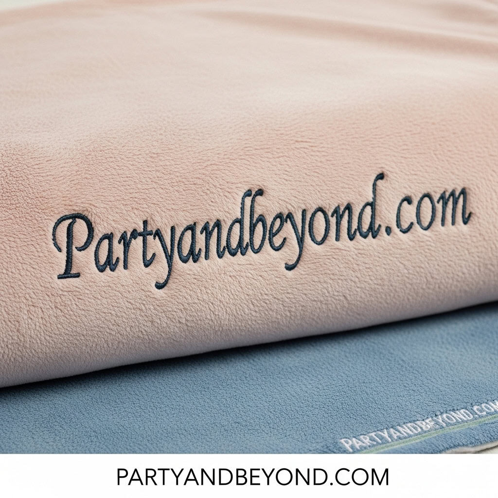 Custom embroidered fabric with "Partyandbeyond.com" for 21st birthday gifts.