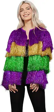 Vibrant Mardi Gras-themed jacket with purple, gold, green, and purple fringe, perfect for Mardi Gras.