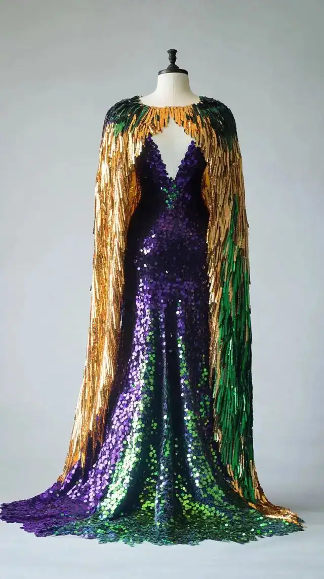 Elegant purple and green sequin Mardi Gras costume with gold and green feathered cape.