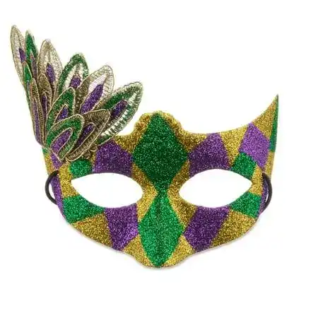 Mardi Gras themed glitter mask with feathers in purple, green, and gold for festive celebrations.