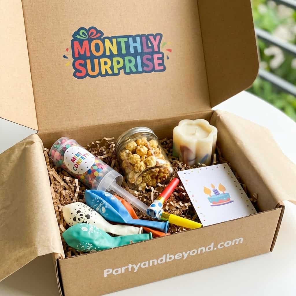 Monthly surprise gift box with toys, candles, and treats for celebrations.