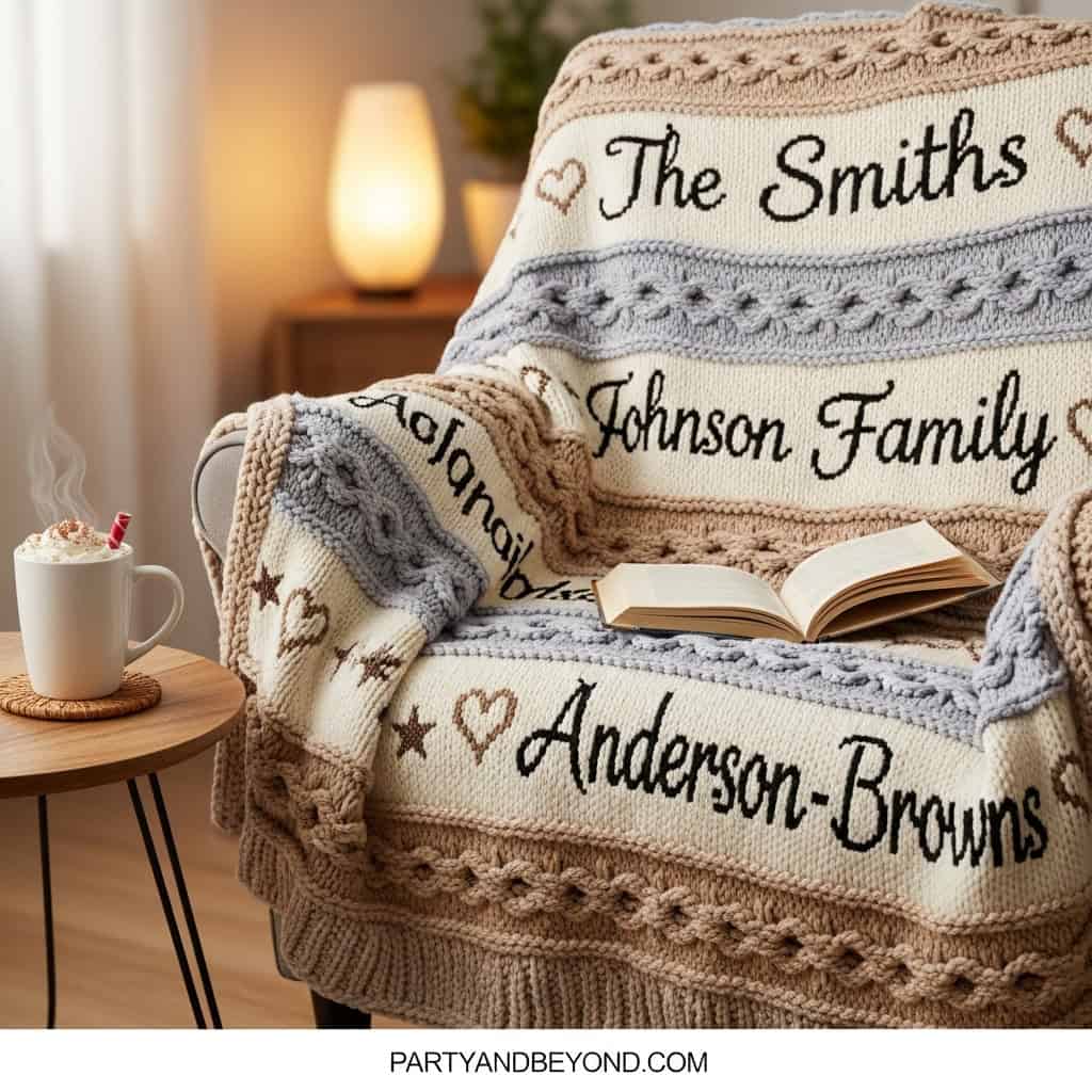 Custom embroidered family name blanket for cozy home decor and gift-giving.