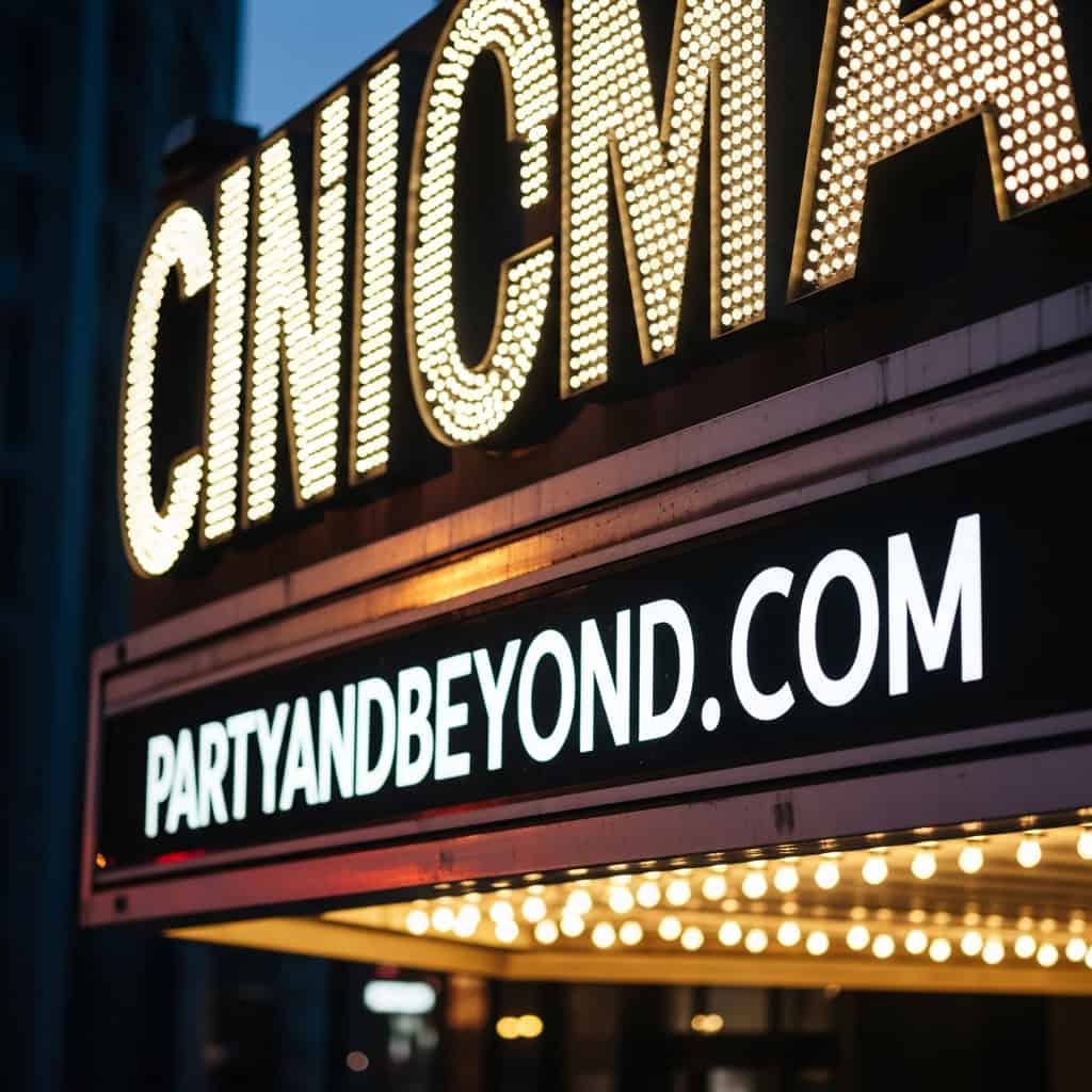 Bright marquee sign for Party & Beyond! at Cincinnati Theater in downtown Cincinnati.