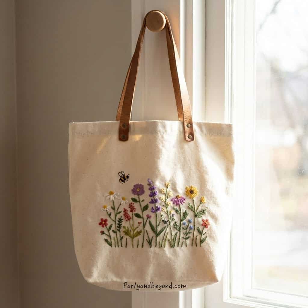 Embroidery tote bag featuring colorful flowers and a bee, perfect for Sweet 16 gift ideas.