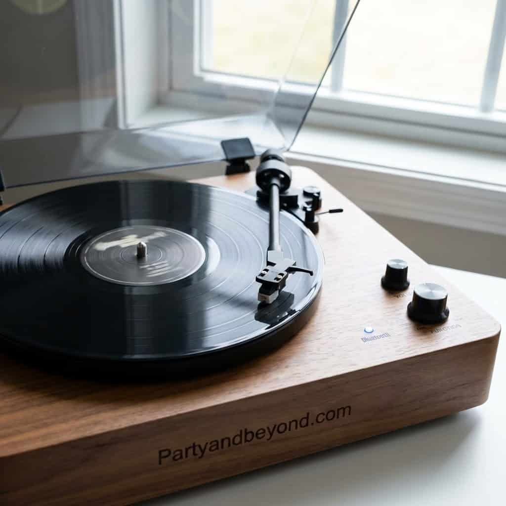 Vintage-style turntable playing vinyl records for special occasions.