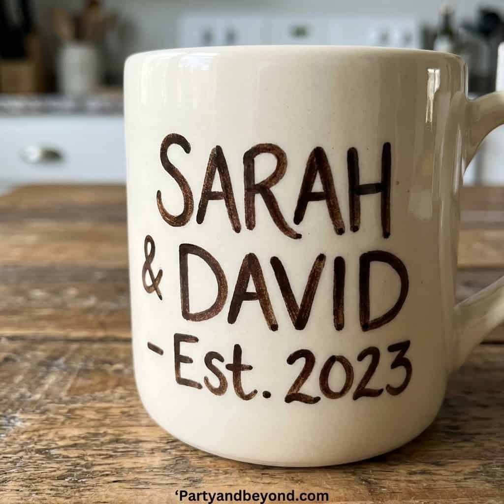 Custom engraved mug with names and wedding year for special occasions.