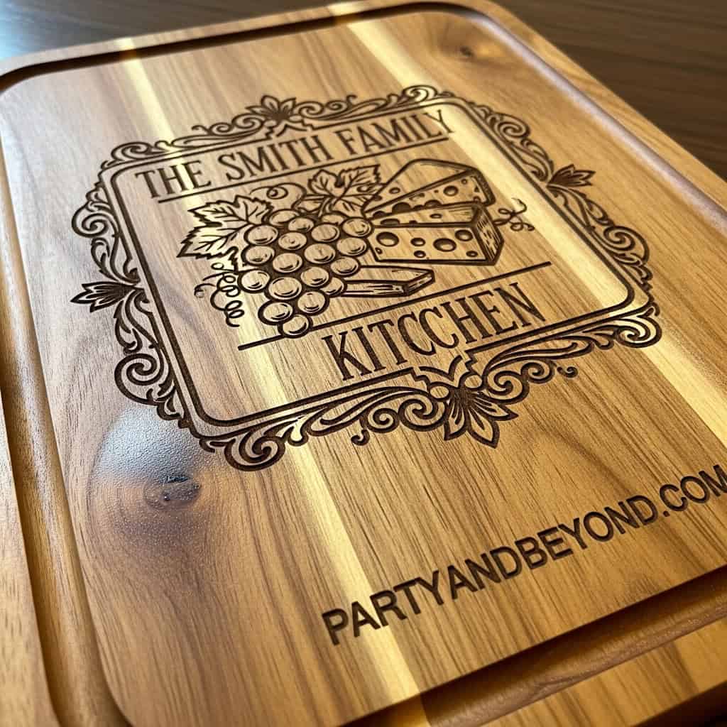 Custom engraved wooden cutting board featuring family name and cheese design.