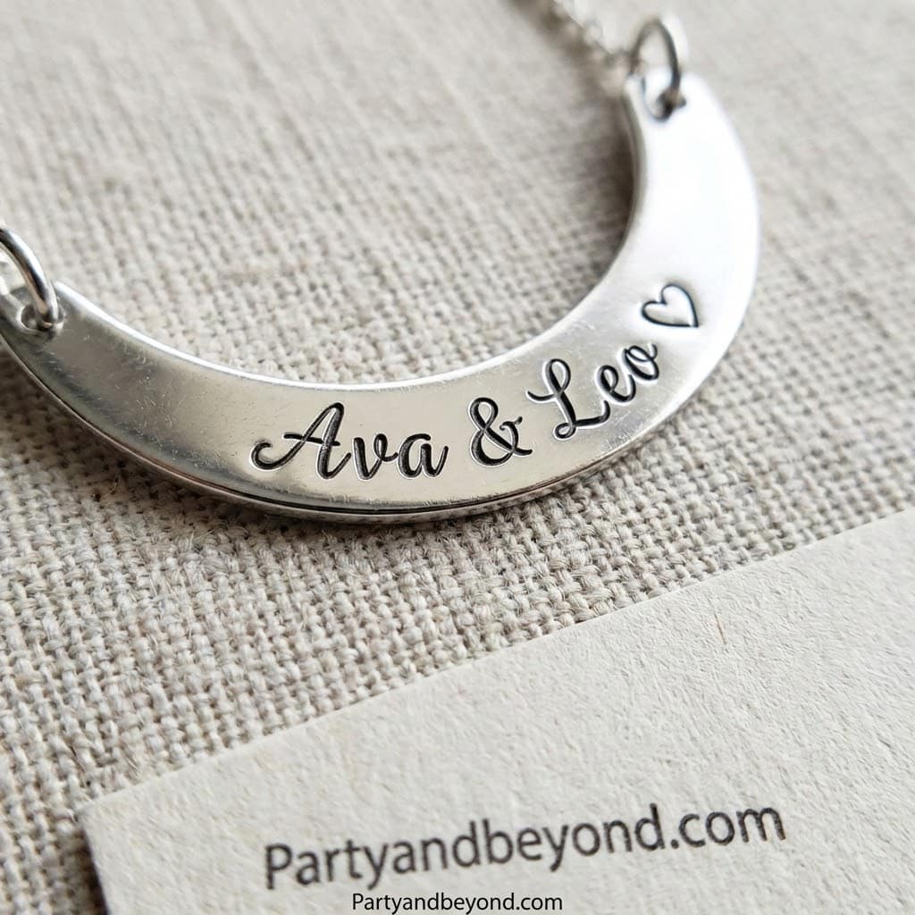 Custom engraved jewelry with "Ava & Leo" for Mother-in-Law gift, perfect for special occasions.