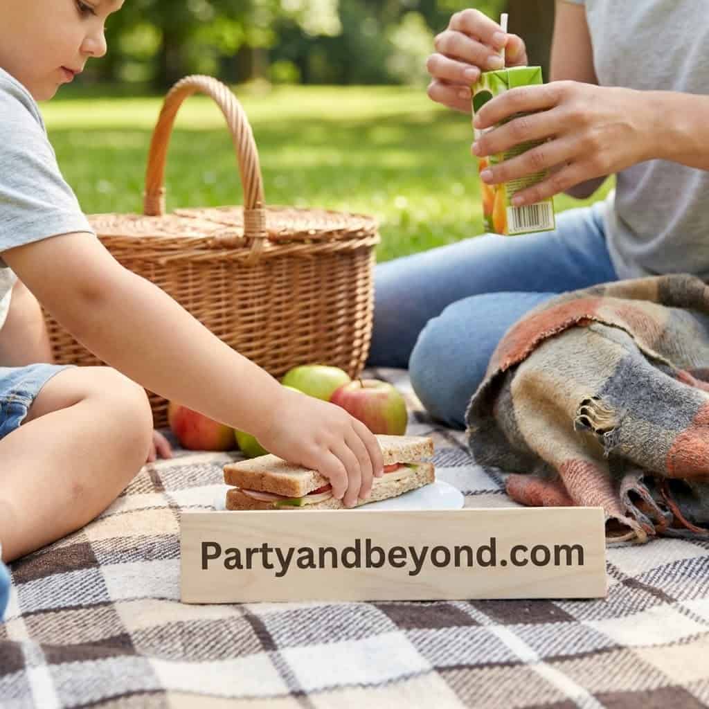 Outdoor family picnic scene with kids, sandwiches, and juice.