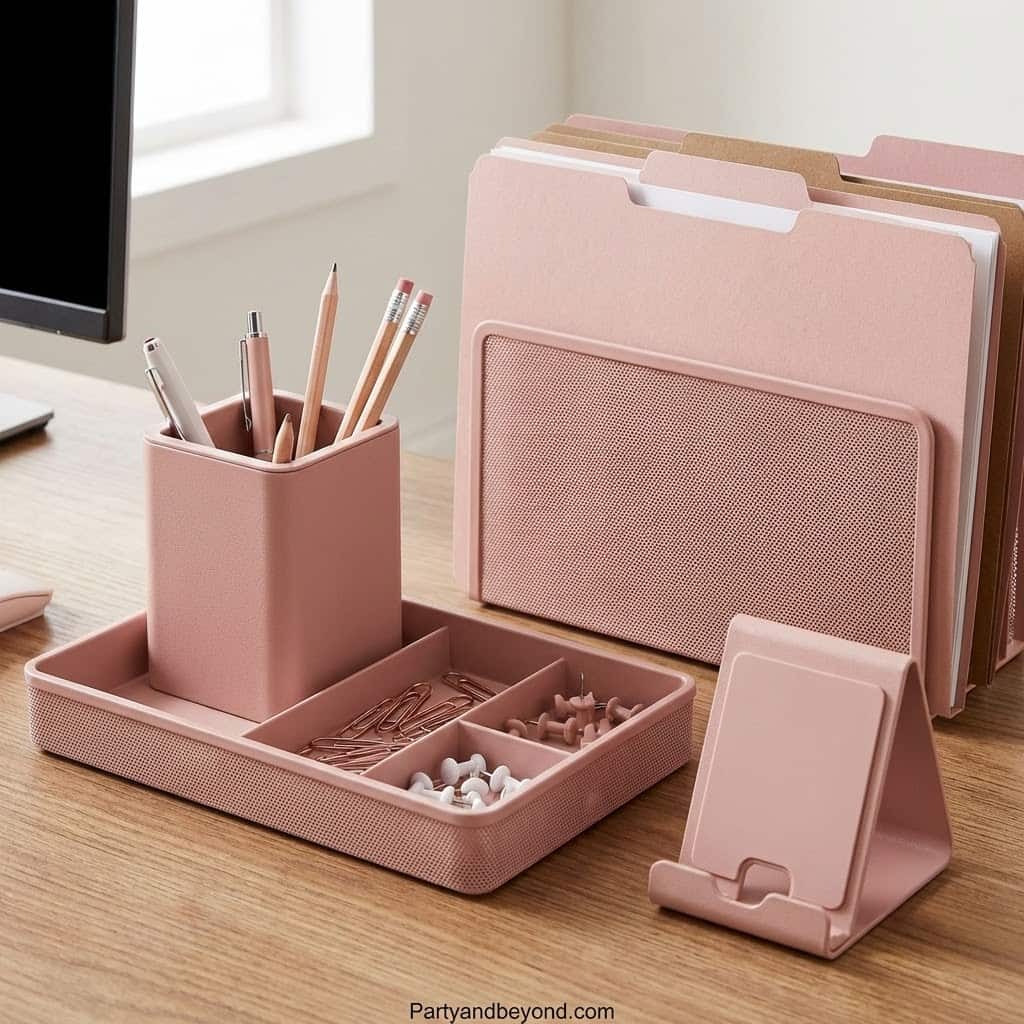 Stylish pink desk organizer with compartments for pens, paper, and accessories, perfect for a Sweet.