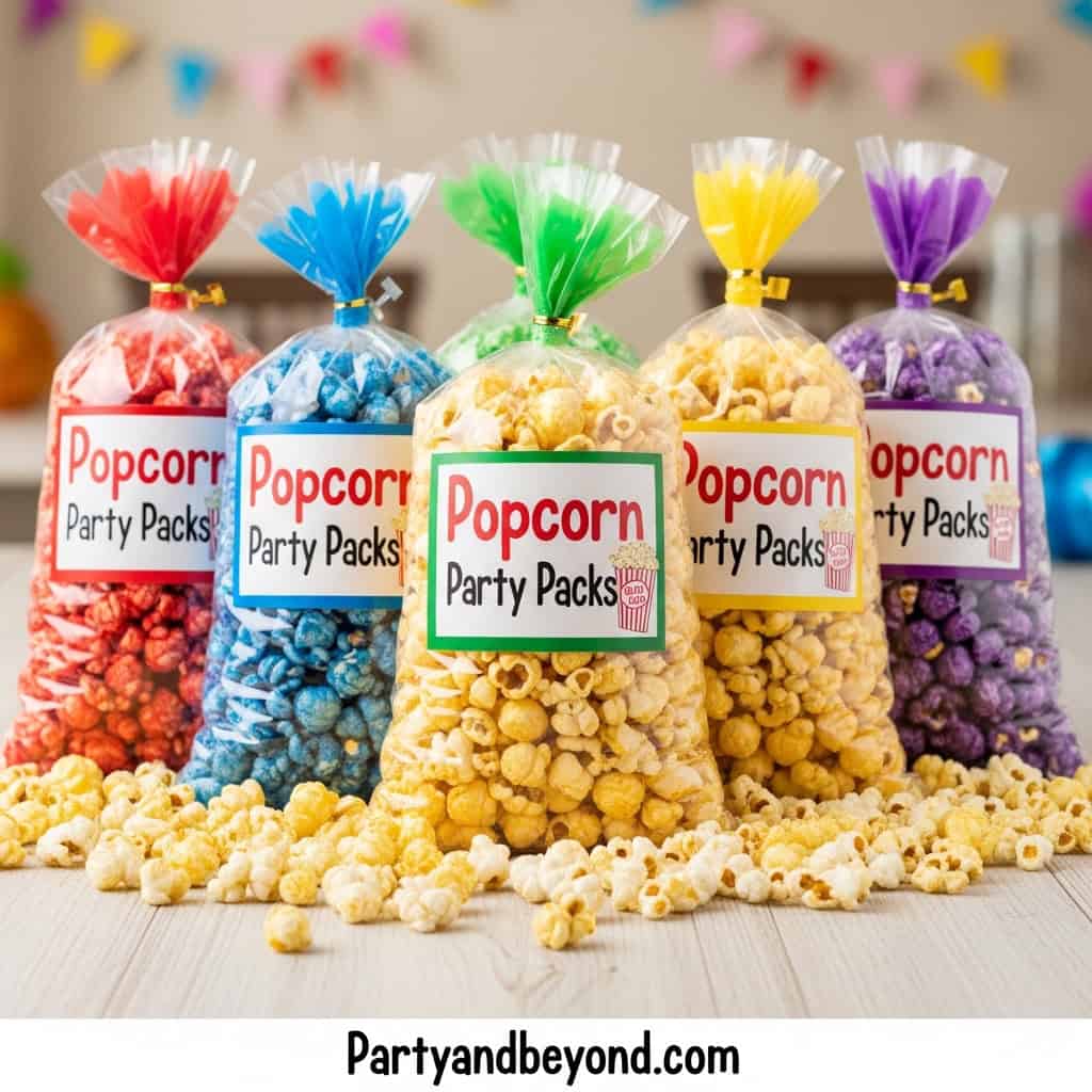 Colorful popcorn party favors in bags for baby shower guests.