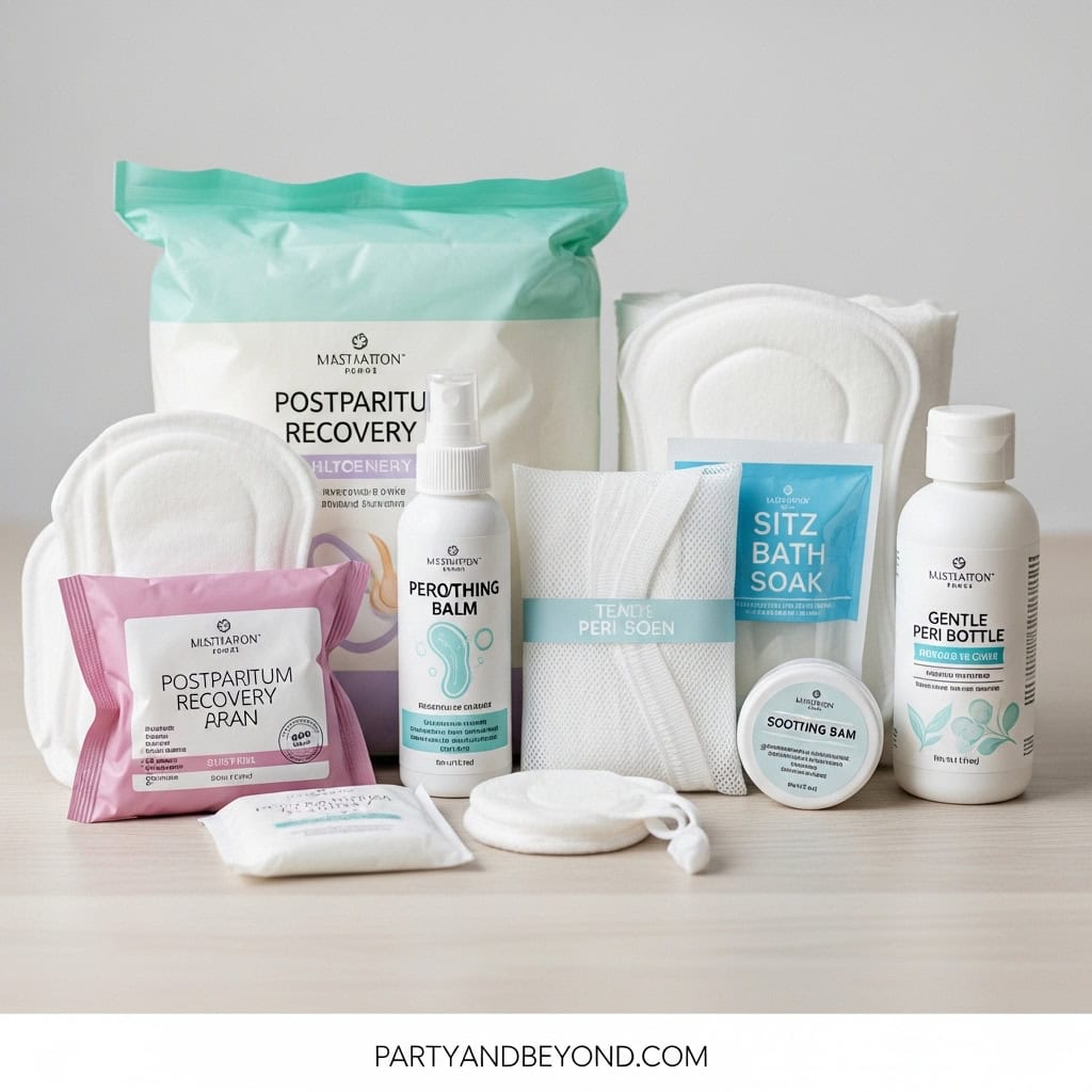 Baby shower gift set with postpartum recovery essentials for new moms and babies.