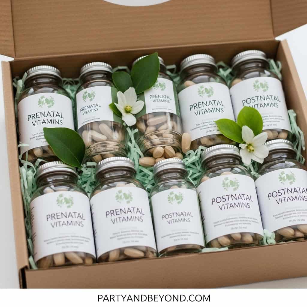 Prenatal and postnatal vitamins in glass bottles, perfect baby shower gift for new moms.