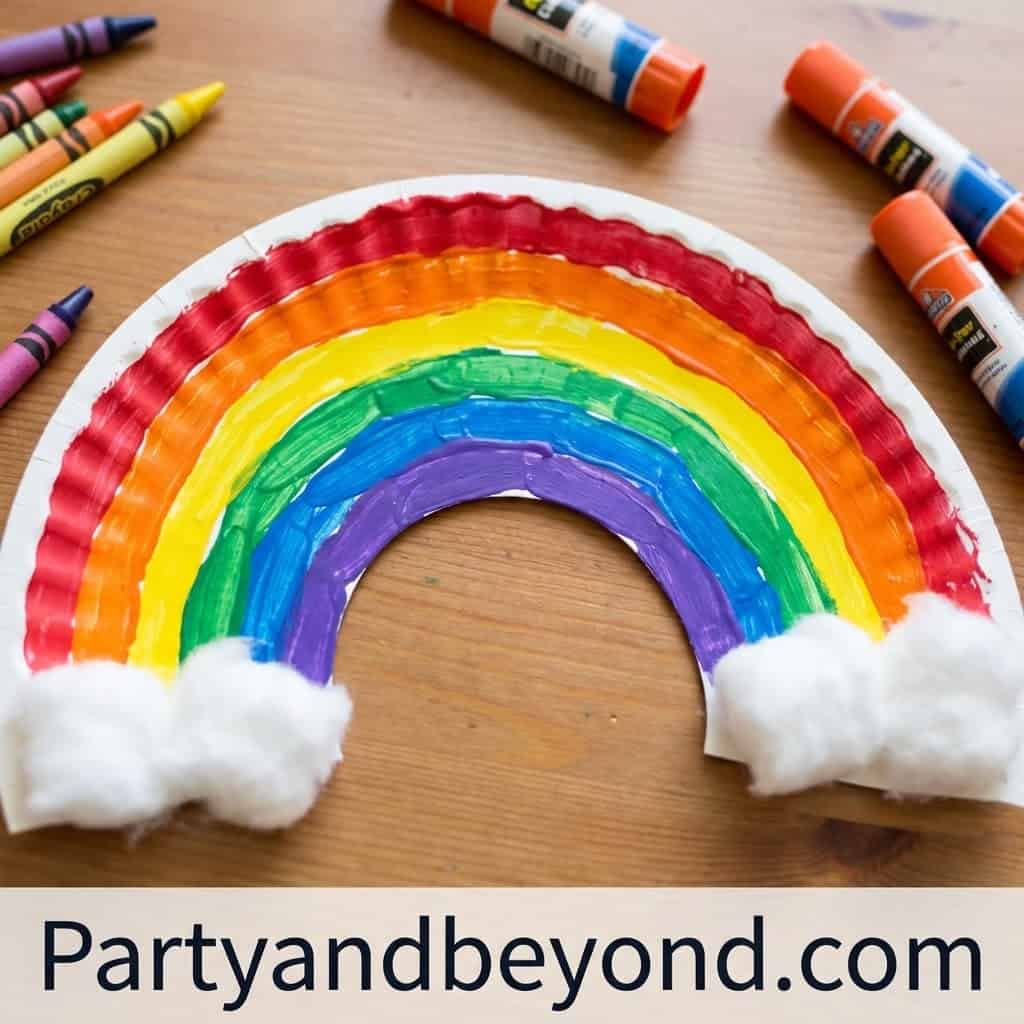 Colorful rainbow craft made with paint and cotton clouds for kids' DIY spring activity.