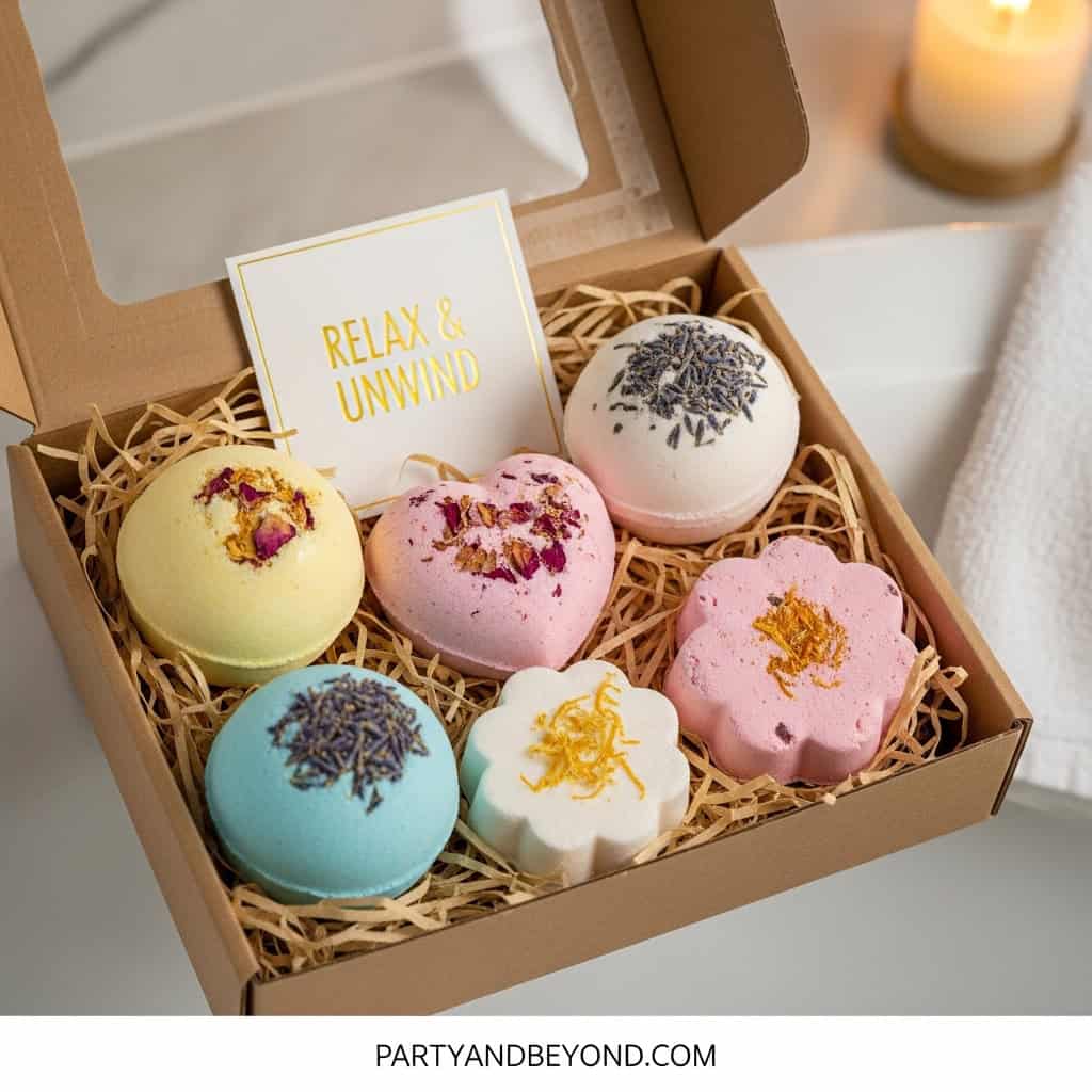 Colorful bath bombs with floral and gold accents for relaxing 21st birthday celebrations.