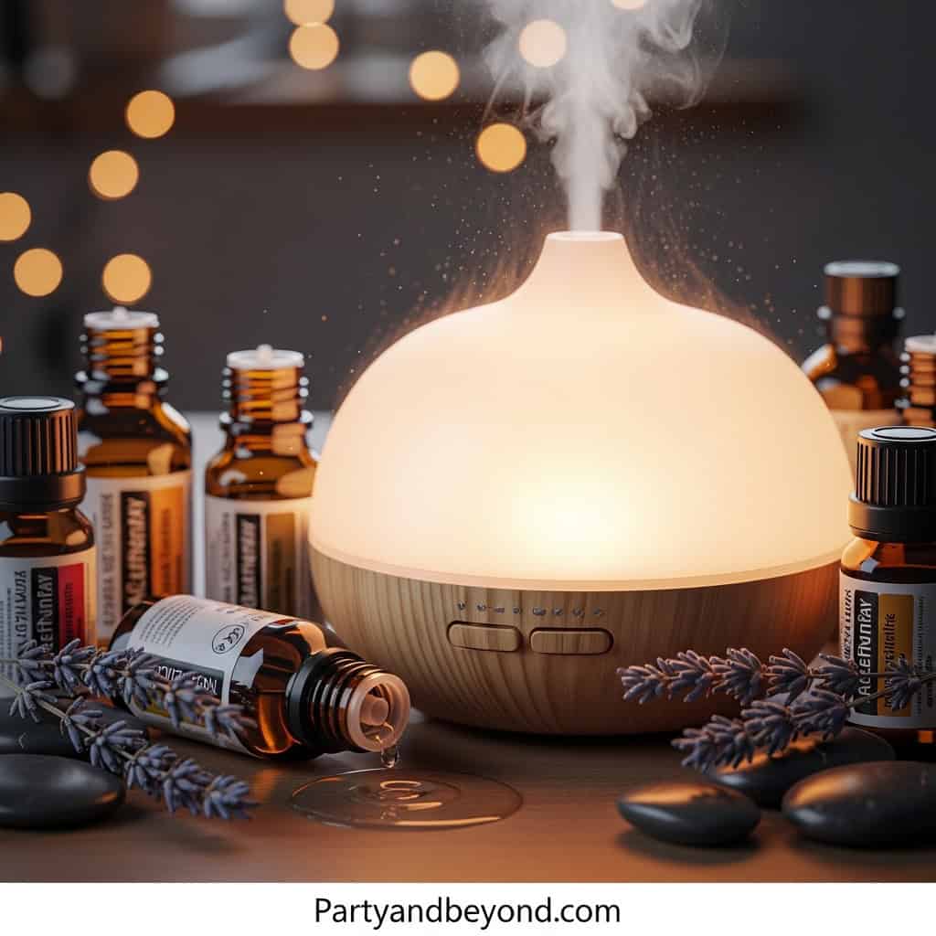 Aromatherapy diffuser emitting mist surrounded by essential oil bottles and lavender for relaxation.