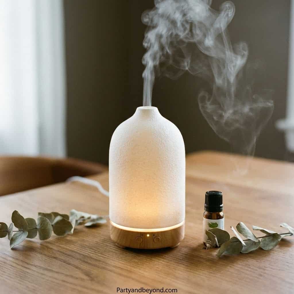 Aromatherapy diffuser emitting mist with eucalyptus leaves and essential oil bottle.