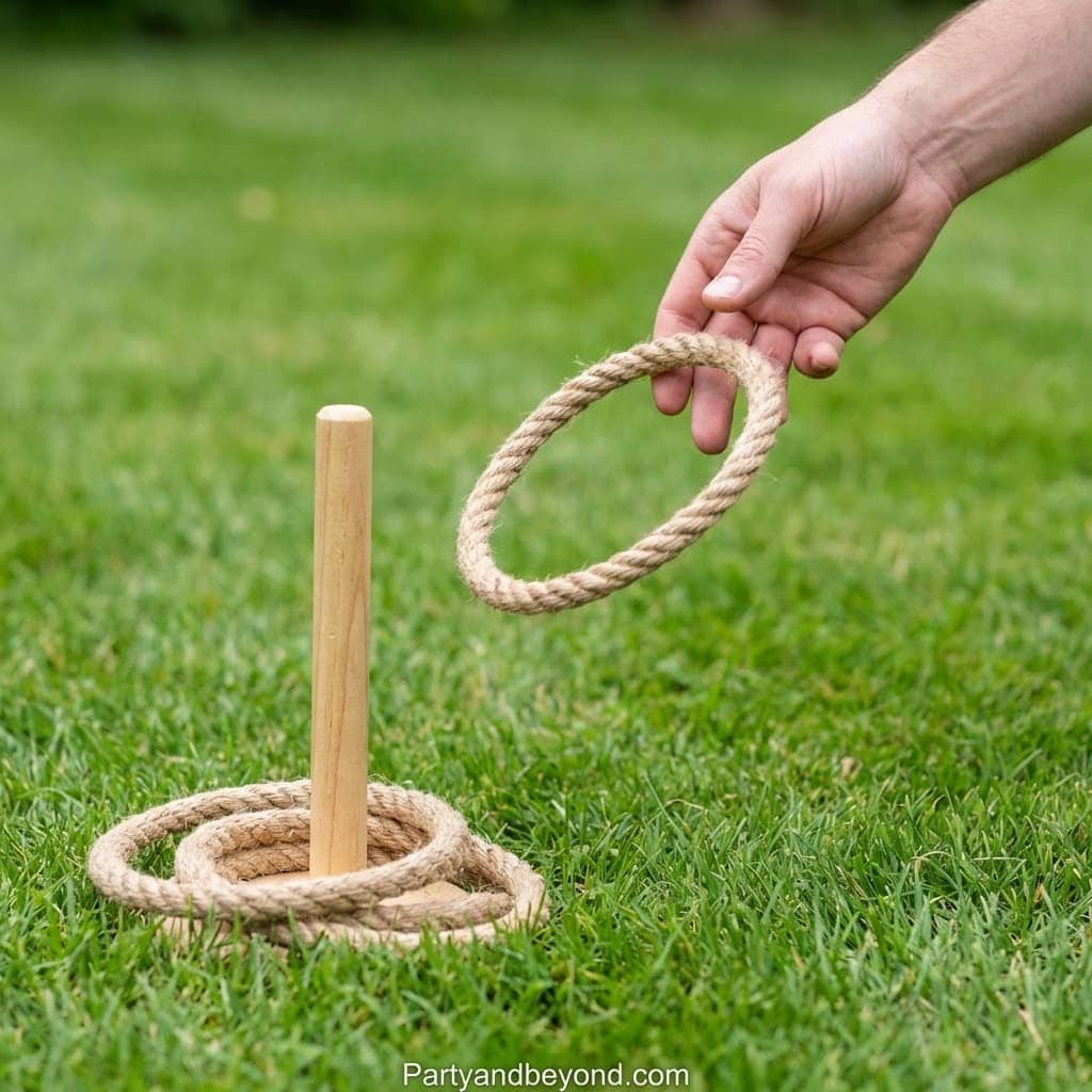 Kids playing ring toss game with rope rings and wooden pole at outdoor field day event.