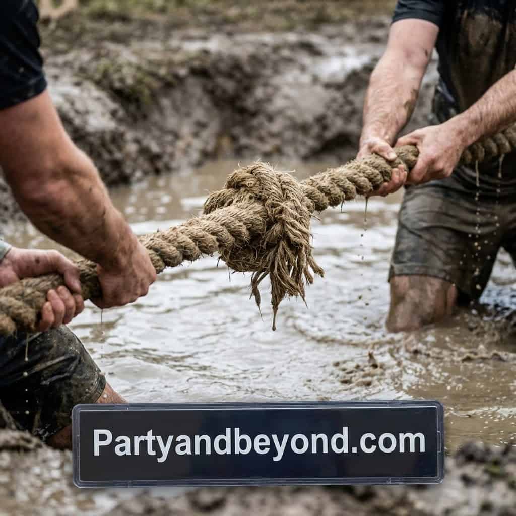 People playing rope tug of war outdoors for summer party fun.