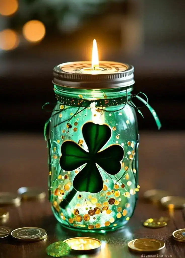 DIY clover mason jar lanterns glowing for St. Patrick's Day decor.