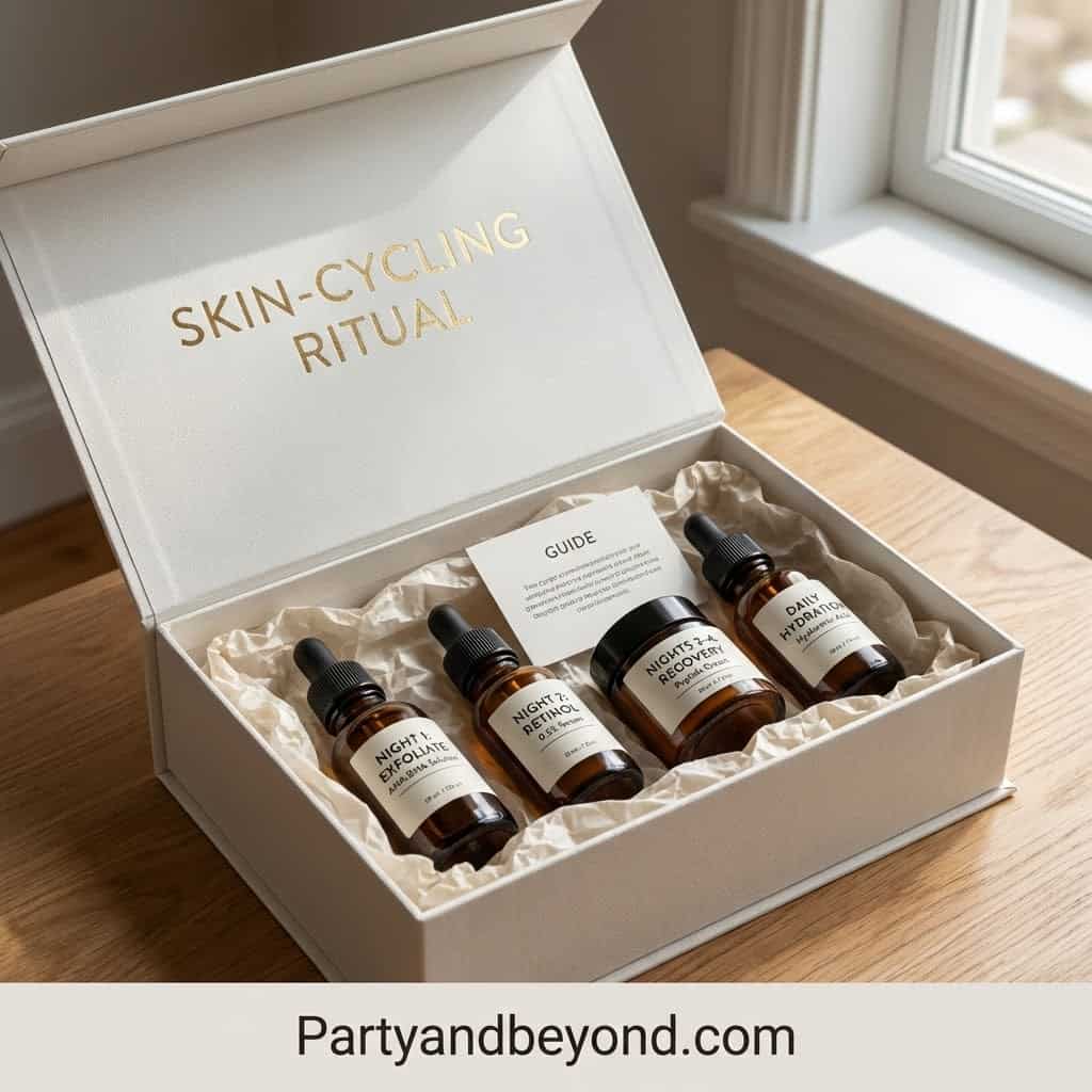 Skin-cycling skincare set with four serum bottles in elegant box for healthy skin.