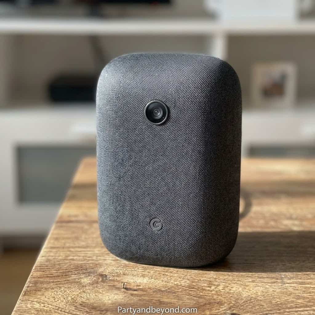 Modern smart speaker with fabric cover for home automation and voice control.