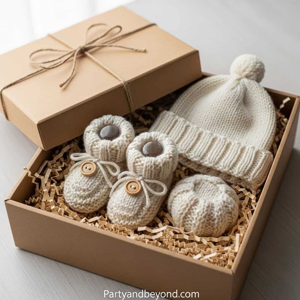 Cozy baby gift set with knitted hat and booties in a gift box, perfect for gender-neutral baby showe.