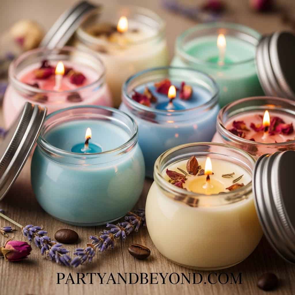 Colorful candles in glass jars for baby shower celebration decor.