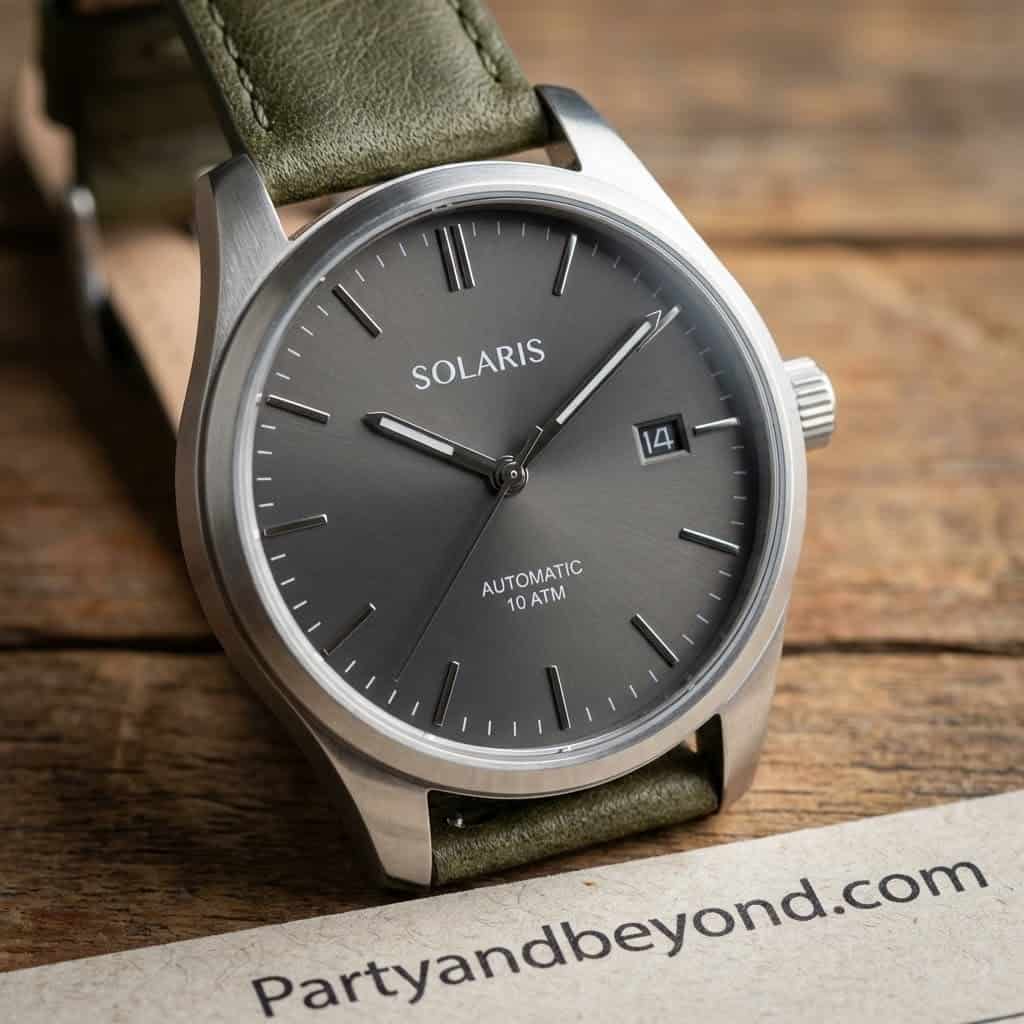 Elegant men's wristwatch with a sleek gray dial and date display, perfect for stylish celebrations.