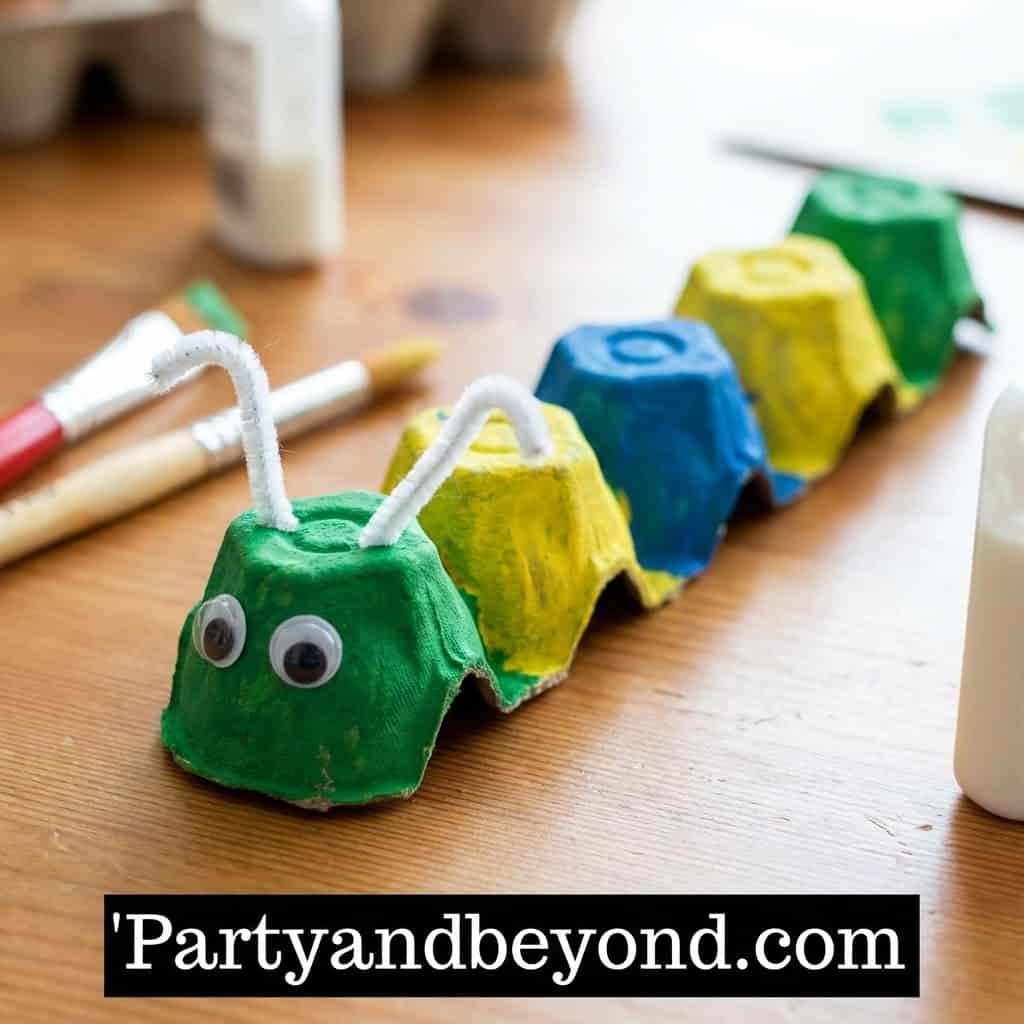Colorful egg carton caterpillar craft for kids' spring activities.
