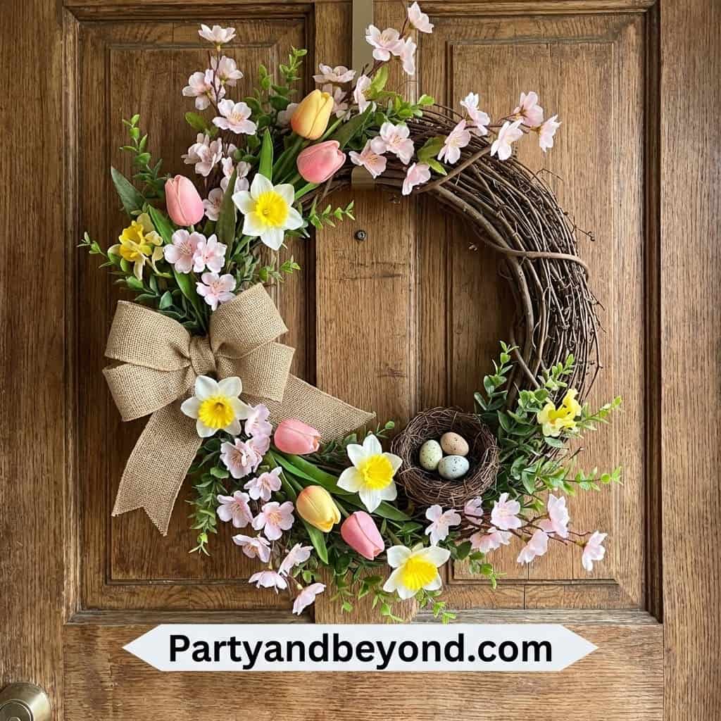 Spring floral wreath with tulips, daffodils, and cherry blossoms for festive home decoration.