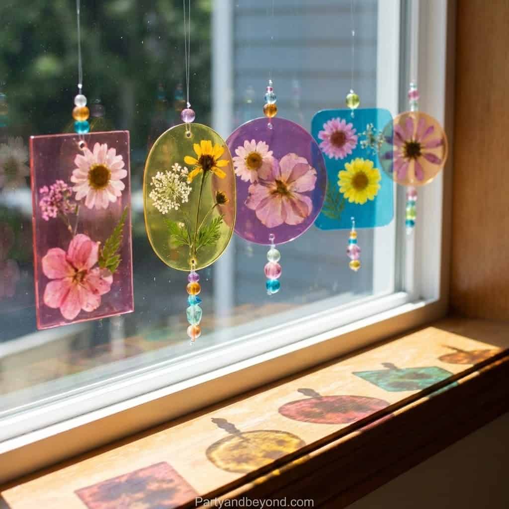 Colorful flower pressed flower suncatchers hanging on window.