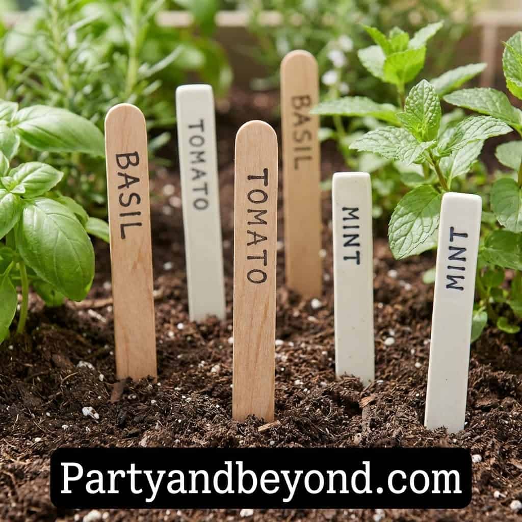 Colorful garden plant labels with herb names for kids' gardening projects.