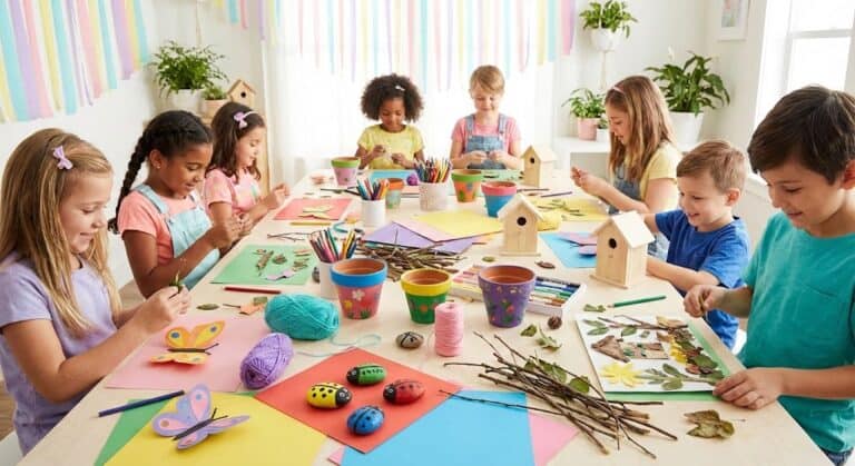 Children engaging in creative spring craft activities at a party.