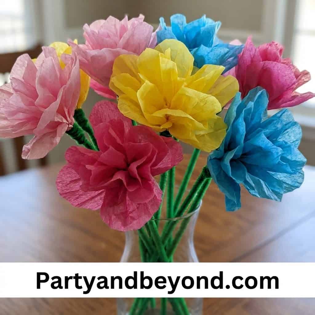 Colorful tissue paper flowers for kids' spring craft projects.