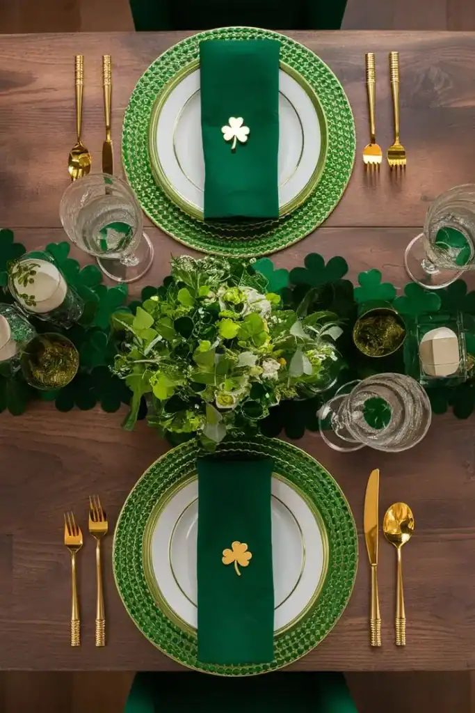 Elegant St. Patrick's Day table with green and gold decor, shamrocks, and festive tableware.