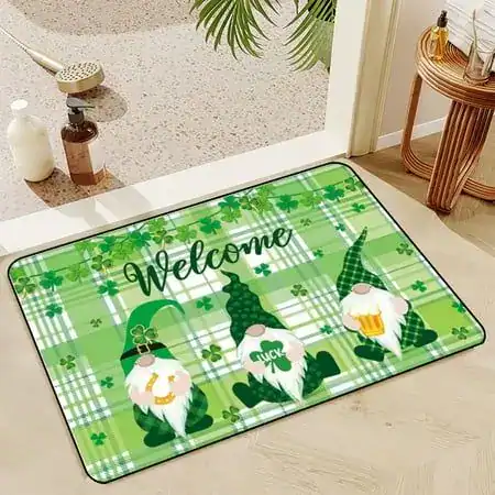 Welcome Mat with Gnomes and Shamrocks for St. Patrick's Day.