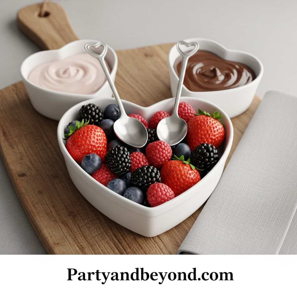 Fresh berries with chocolate and vanilla dips in heart-shaped bowls for special occasions.