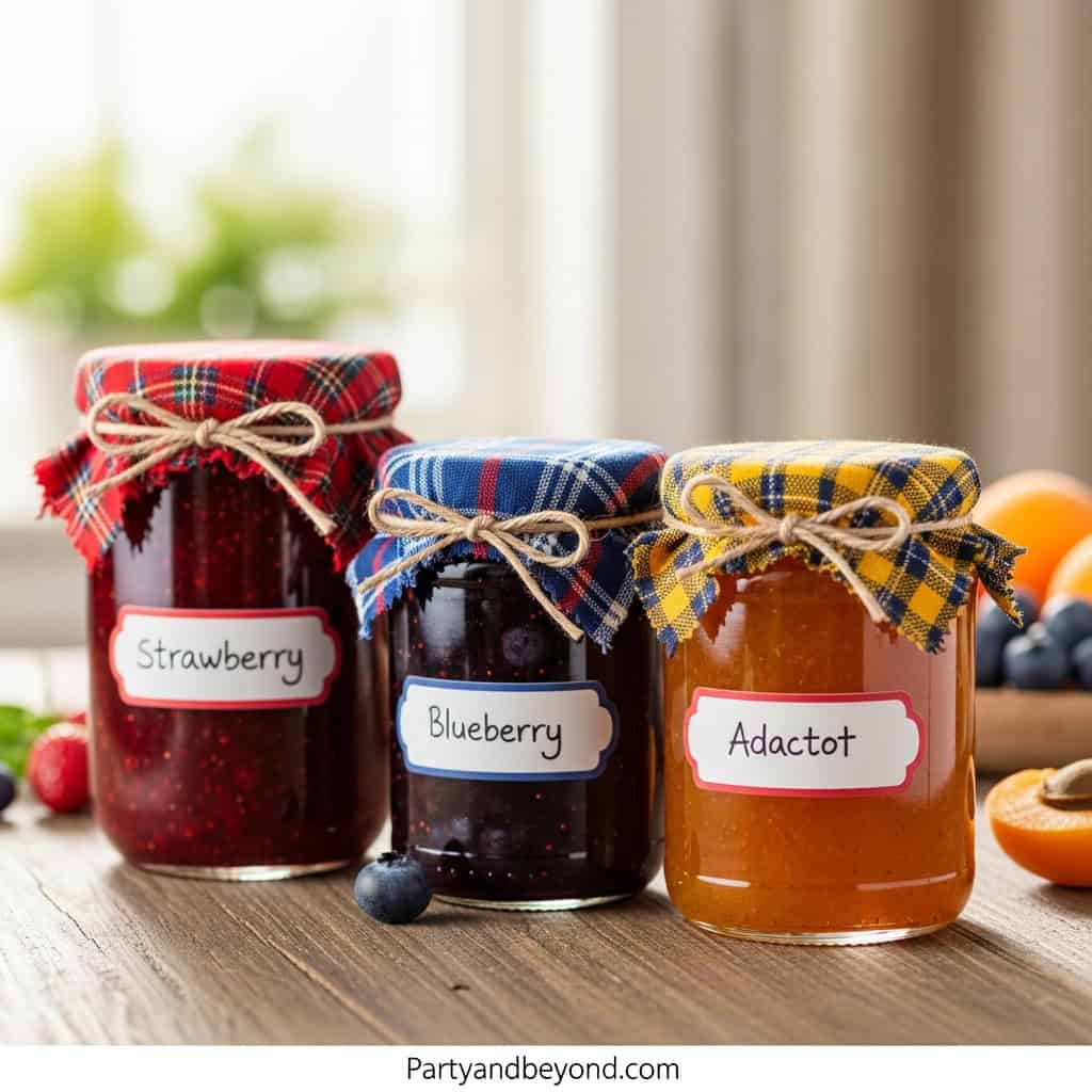 Assorted homemade jam jars with fabric covers and labels for baby shower gifts.