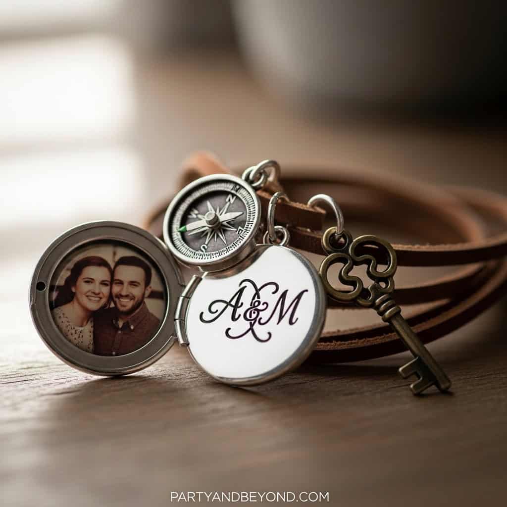 Custom engraved necklace with photo, compass, and key for milestone birthday gift.