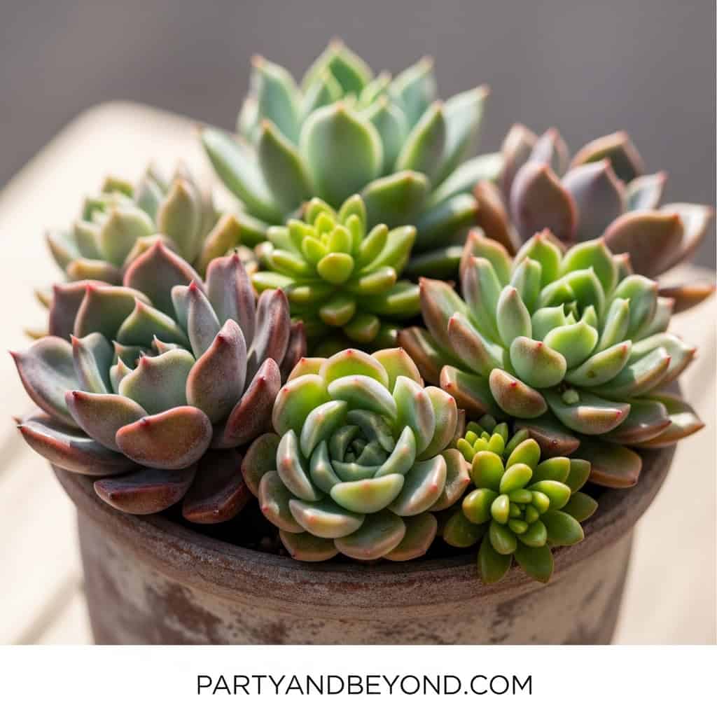 Beautiful succulent plant arrangement ideal as an inexpensive baby shower gift for guests.