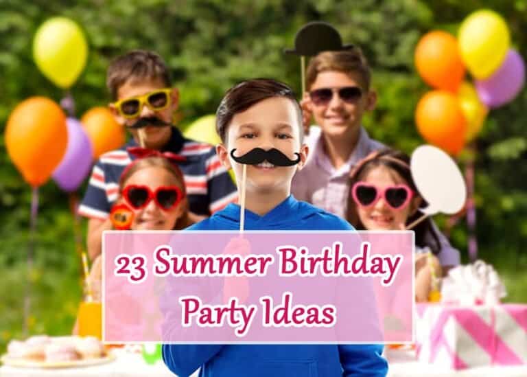Kids celebrating summer birthdays with colorful balloons and fun accessories.
