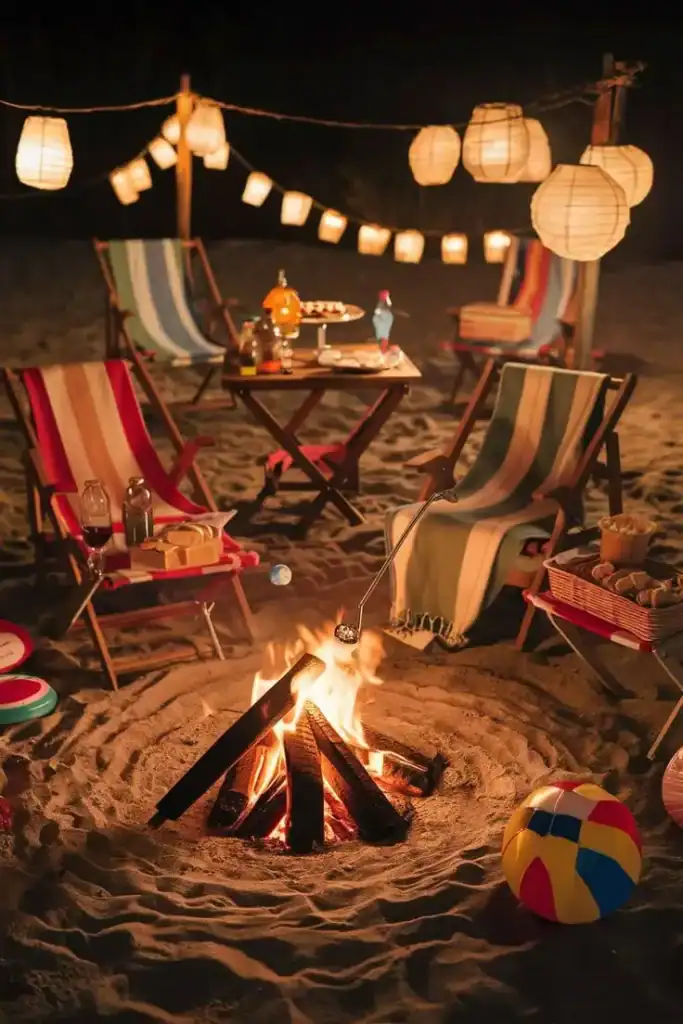 Outdoor summer birthday celebration with beach chairs, lanterns, and a campfire.