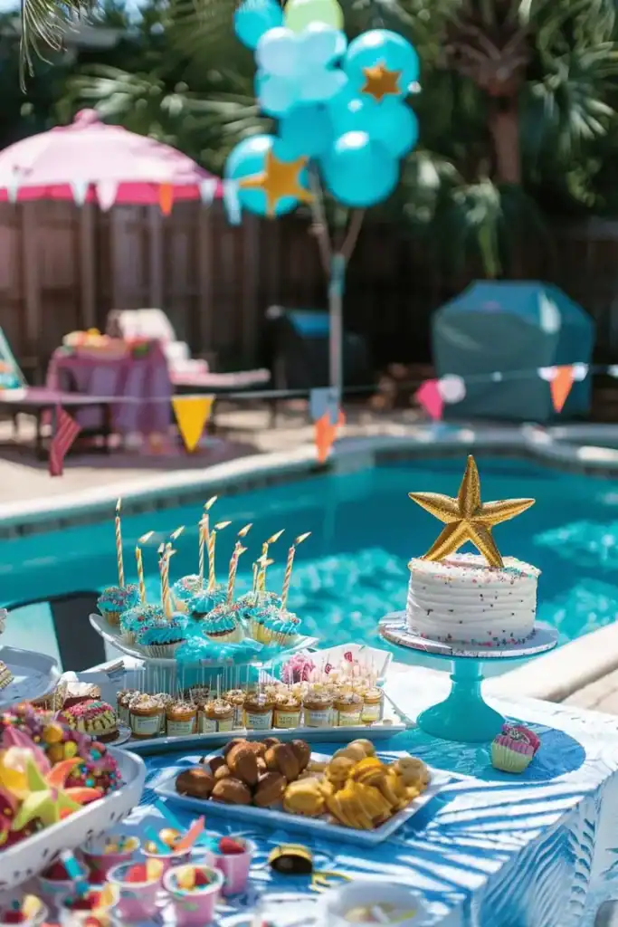 Poolside summer birthday party with ocean-themed decorations and festive treats.