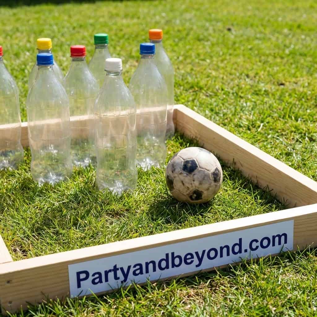 Outdoor summer party game with bottles and soccer ball on grass.