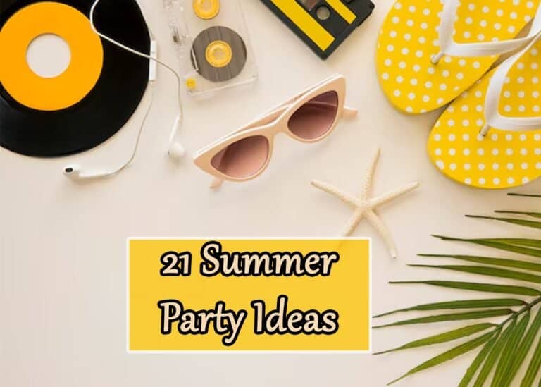 Bright summer party essentials including sunglasses, flip-flops, and decor for outdoor celebrations.