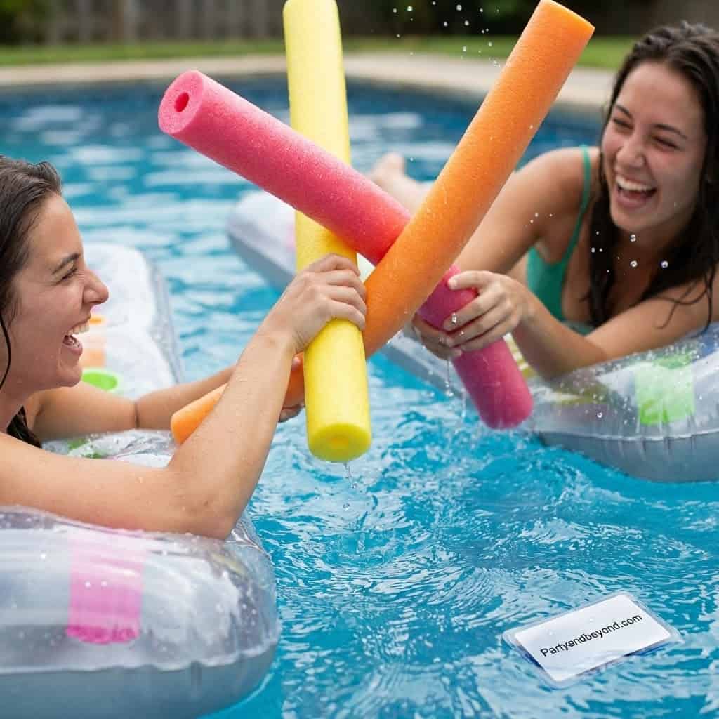 Two women enjoying a playful pool fight with foam pool noodles during a summer party.