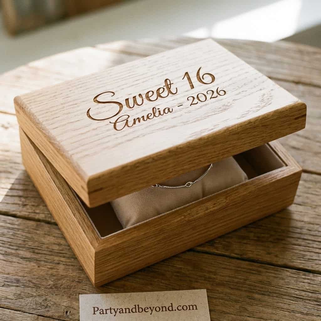 Elegant Sweet 16 jewelry gift box with personalized engraving.