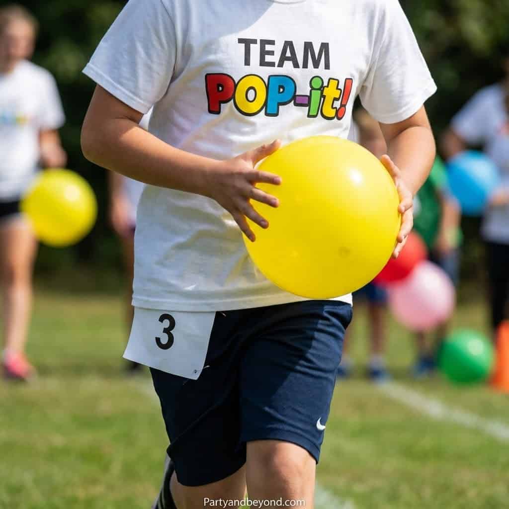 Kids participating in a fun balloon relay game at a field day event.