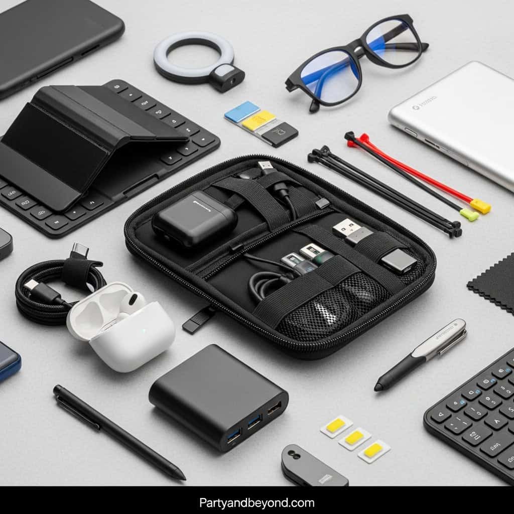 Portable tech organizer with cables, chargers, and accessories for travel and remote work.